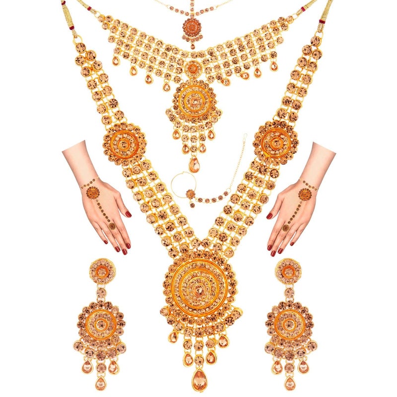 Efulgenz Indian Bridal Jewelry Indian Wedding Jewelry Sets for Women Bridal Bollywood Rhinestone Necklace Earrings Maang Tikka Head Chain Nose Ring Bracelet Jewelry Set - Image 1
